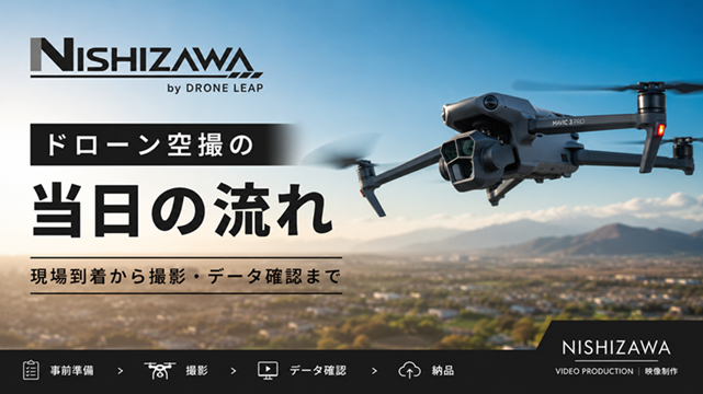ドローン空撮の当日の流れを解説するNISHIZAWAのアイキャッチ画像