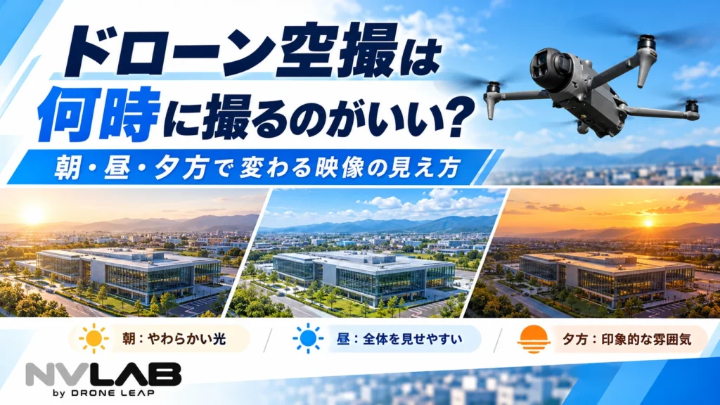 朝・昼・夕方で変わるドローン空撮の見え方を比較するNV LABのアイキャッチ画像