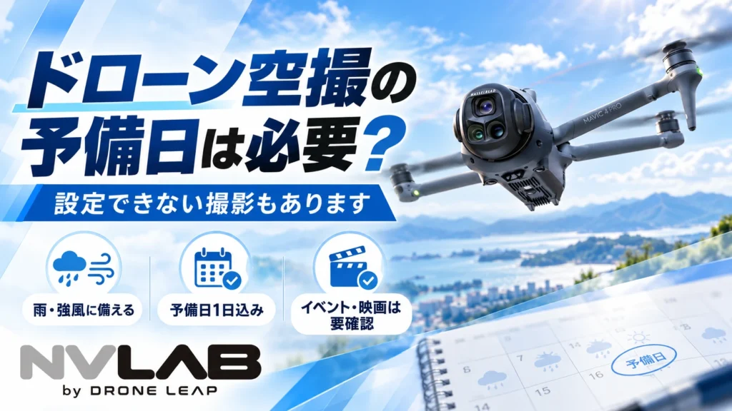 ドローン空撮の予備日の考え方や悪天候時の対応を紹介するNV LABのアイキャッチ画像
